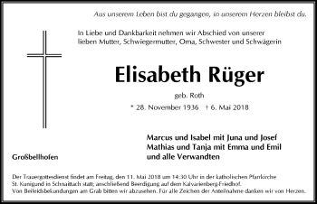 Traueranzeige von Elisabeth Rüger von Pegnitz-Zeitung