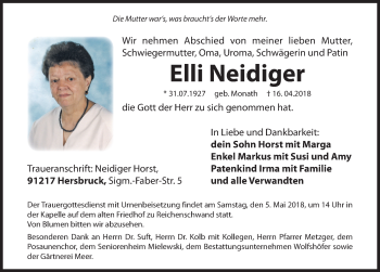 Traueranzeige von Elli Neidiger von Hersbrucker Zeitung