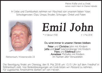 Traueranzeige von Emil John von Pegnitz-Zeitung