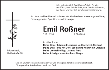 Traueranzeige von Emil Roßner von Pegnitz-Zeitung