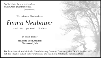 Traueranzeige von Emma Neubauer von Pegnitz-Zeitung