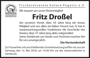 Traueranzeige von Fritz Droßel von Hersbrucker Zeitung