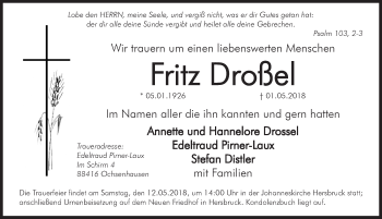 Traueranzeige von Fritz Droßel von Hersbrucker Zeitung