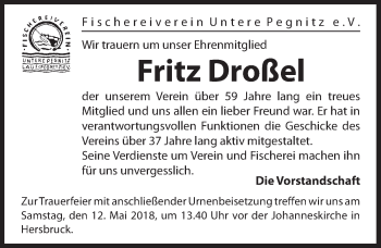 Traueranzeige von Fritz Droßel von Hersbrucker Zeitung