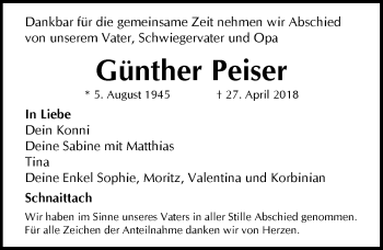 Traueranzeige von Günther Peiser von Pegnitz-Zeitung