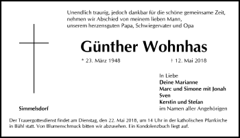 Traueranzeige von Günther Wohnhas von Pegnitz-Zeitung