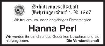 Traueranzeige von Hanna Perl von Pegnitz-Zeitung