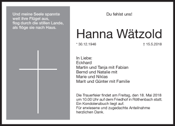 Traueranzeige von Hanna Wätzold von Pegnitz-Zeitung