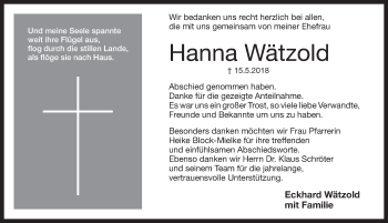 Traueranzeige von Hanna Wätzold von Pegnitz-Zeitung
