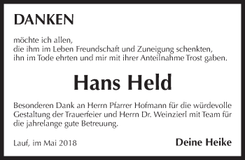 Traueranzeige von Hans Held von Pegnitz-Zeitung