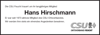 Traueranzeige von Hans Hirschmann von Der Bote