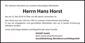 Traueranzeige von Hans Horst von Hersbrucker Zeitung