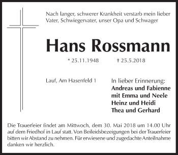 Traueranzeige von Hans Rossmann von Pegnitz-Zeitung