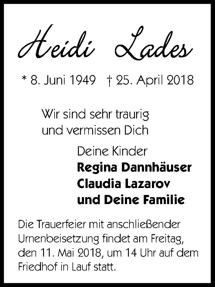  Traueranzeige für Heidi Lades vom 05.05.2018 aus Pegnitz-Zeitung
