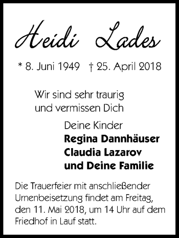 Traueranzeige von Heidi Lades von Pegnitz-Zeitung