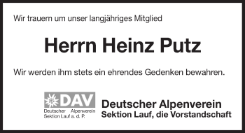 Traueranzeige von Heinz Putz von Pegnitz-Zeitung
