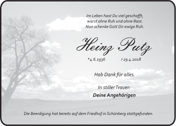 Traueranzeige von Heinz Putz von Pegnitz-Zeitung