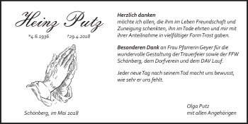 Traueranzeige von Heinz Putz von Pegnitz-Zeitung