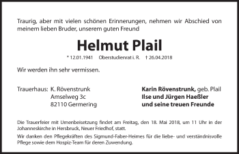 Traueranzeige von Helmut Plail von Hersbrucker Zeitung
