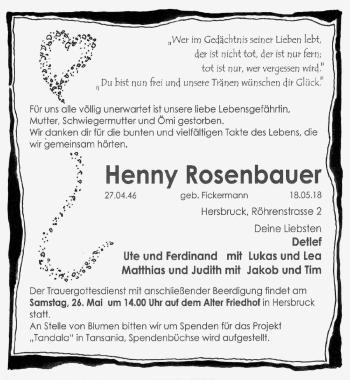 Traueranzeige von Henny Rosenbauer von Hersbrucker Zeitung