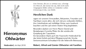 Traueranzeige von Hieronymus Ohlwärter von Pegnitz-Zeitung