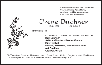 Traueranzeige von Irene Buchner von Der Bote