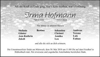 Traueranzeige von Irma Hofmann von Pegnitz-Zeitung