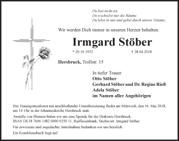 Traueranzeige von Irmgard Stöber von Hersbrucker Zeitung