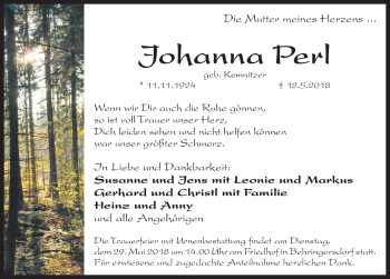 Traueranzeige von Johanna Perl von Pegnitz-Zeitung