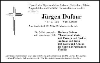 Traueranzeige von Jürgen Dufour von Der Bote
