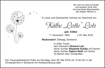 Traueranzeige von Käthe Lotz von Pegnitz-Zeitung