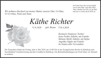 Traueranzeige von Käthe Richter von Pegnitz-Zeitung