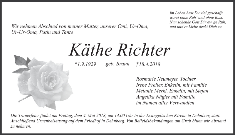  Traueranzeige für Käthe Richter vom 01.05.2018 aus Pegnitz-Zeitung