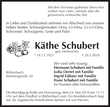 Traueranzeige von Käthe Schubert von Pegnitz-Zeitung