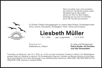 Traueranzeige von Liesbeth Müller von Der Bote