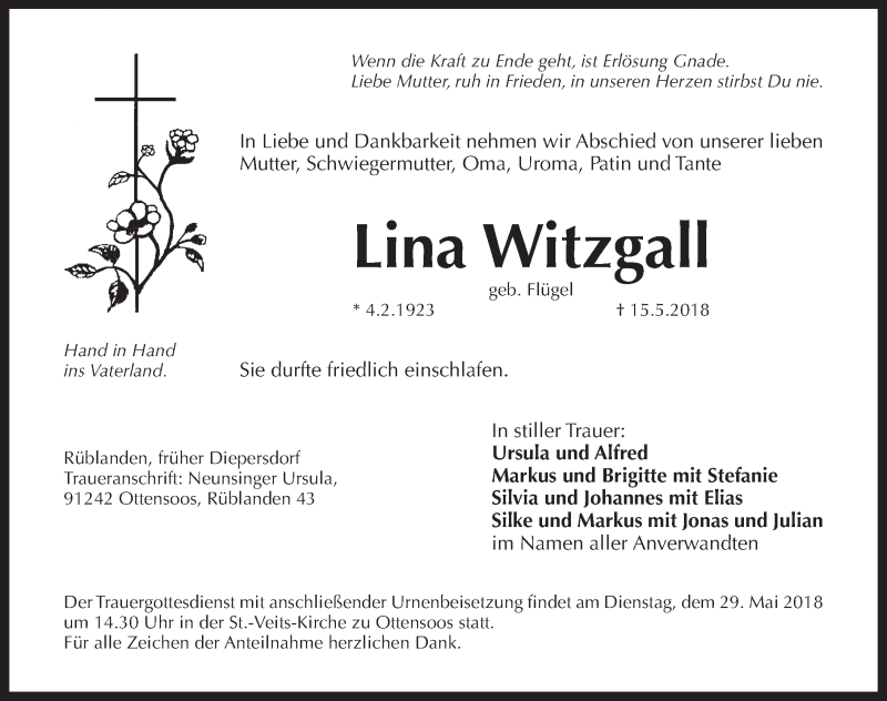  Traueranzeige für Lina Witzgall vom 26.05.2018 aus Pegnitz-Zeitung