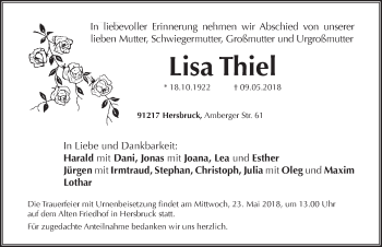 Traueranzeige von Lisa Thiel von Hersbrucker Zeitung