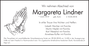 Traueranzeige von Margareta Lindner von Hersbrucker Zeitung