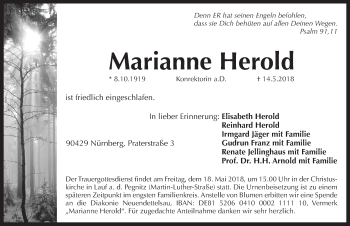 Traueranzeige von Marianne Herold von Pegnitz-Zeitung