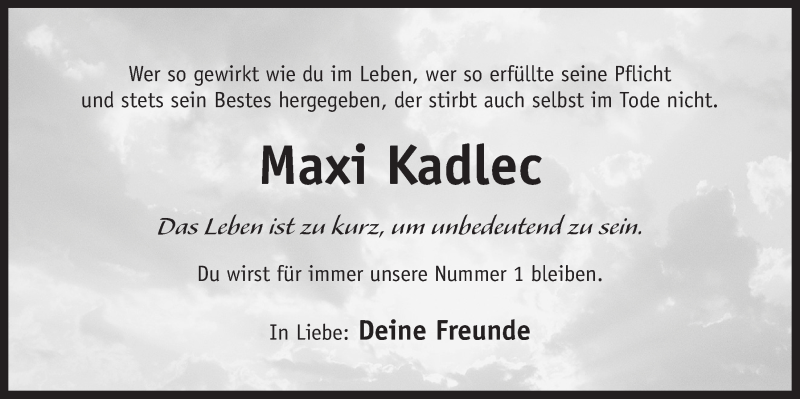  Traueranzeige für Maximilian Kadlec vom 16.05.2018 aus Der Bote
