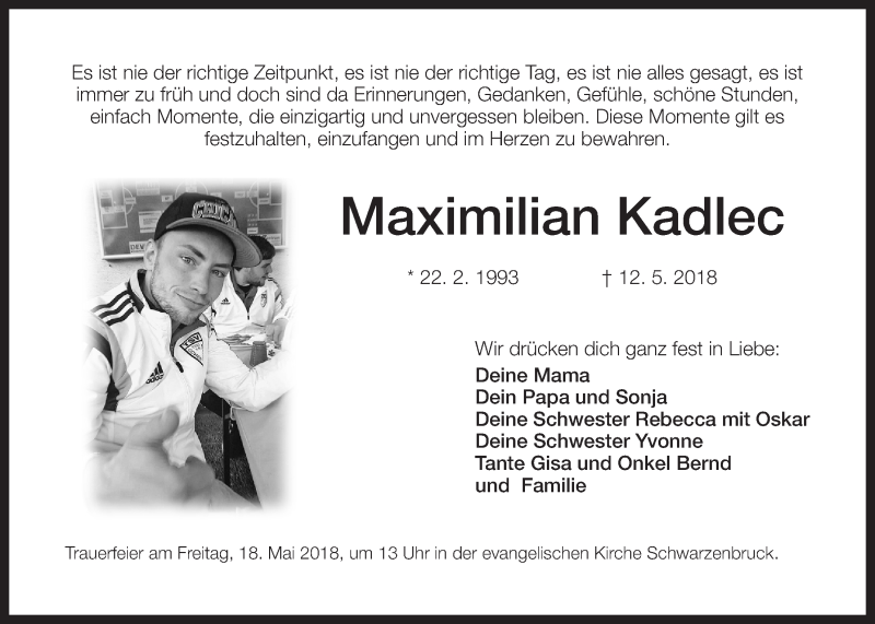  Traueranzeige für Maximilian Kadlec vom 16.05.2018 aus Der Bote