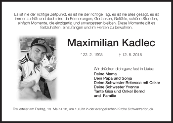 Traueranzeige von Maximilian Kadlec von Der Bote