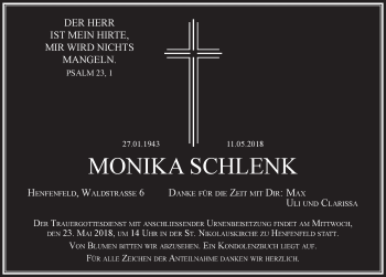 Traueranzeige von Monika Schlenk von Hersbrucker Zeitung