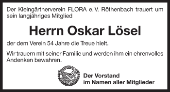 Traueranzeige von Oskar Lösel von Pegnitz-Zeitung
