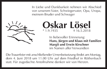 Traueranzeige von Oskar Lösel von Pegnitz-Zeitung