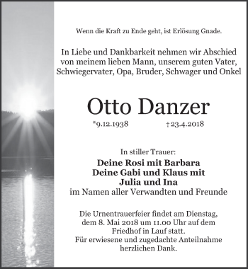 Traueranzeige von Otto Danzer von Pegnitz-Zeitung