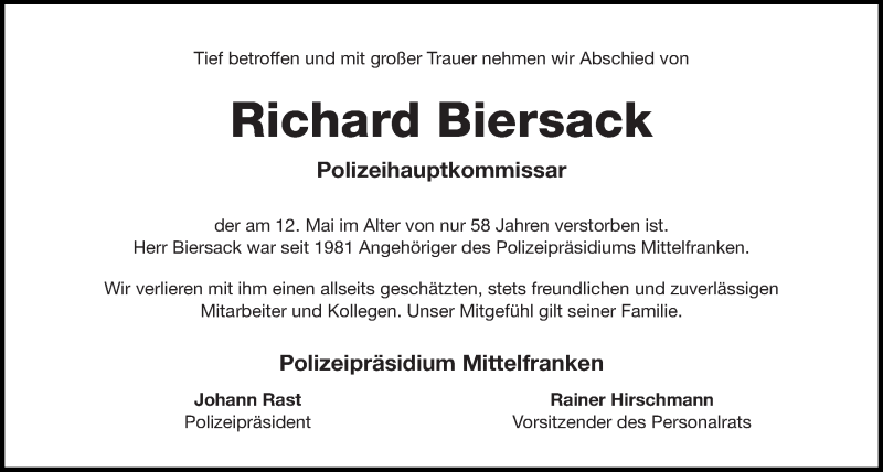  Traueranzeige für Richard Biersack vom 16.05.2018 aus Der Bote