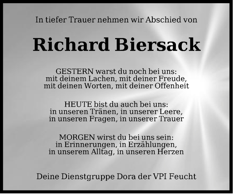  Traueranzeige für Richard Biersack vom 15.05.2018 aus Der Bote