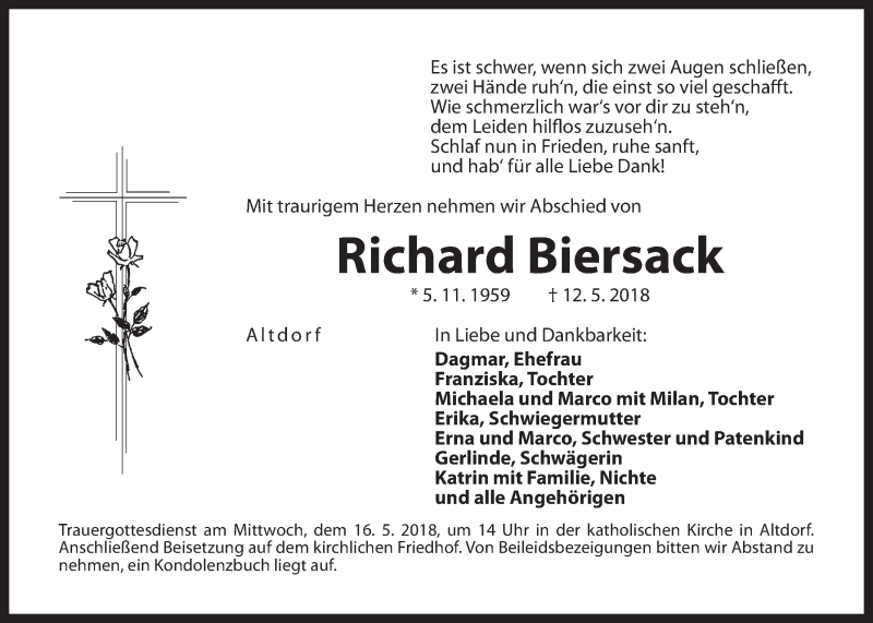  Traueranzeige für Richard Biersack vom 15.05.2018 aus Der Bote