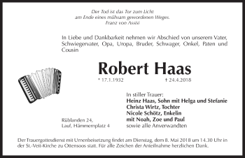 Traueranzeige von Robert Haas von Pegnitz-Zeitung